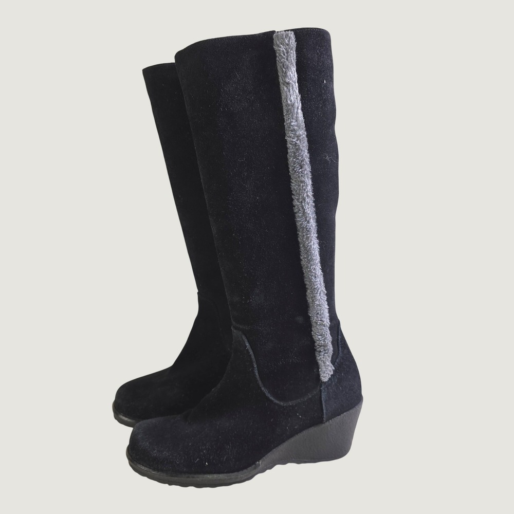 Coldwater Creek Suede Tall Wedge Boots Black Faux Fur Trim Womens 6.5 Excellent